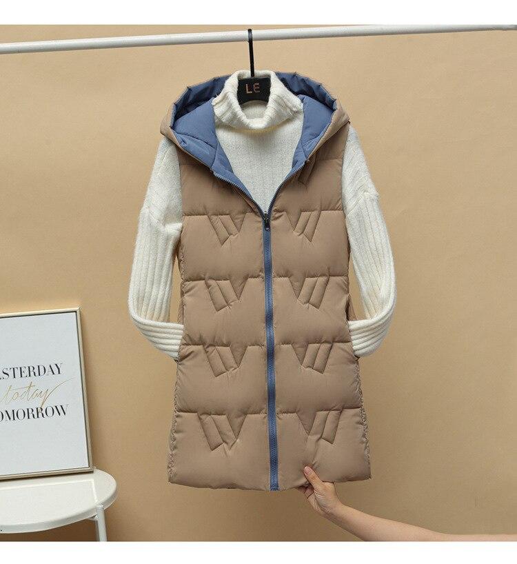 Autumn and Winter Women's Solid Color Loose Vest Hooded Long Reversible Vest Jacket Cotton Padded Women's Windproof Warm Vest