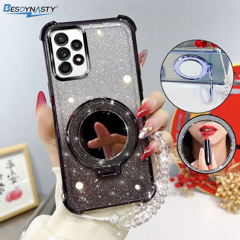 Glitter Four-Corner Shockproof Phone Case with Mirror Stand Beaded Strap For Samsung Galaxy A57 A37 A17 A56 A36 Back Cover Case