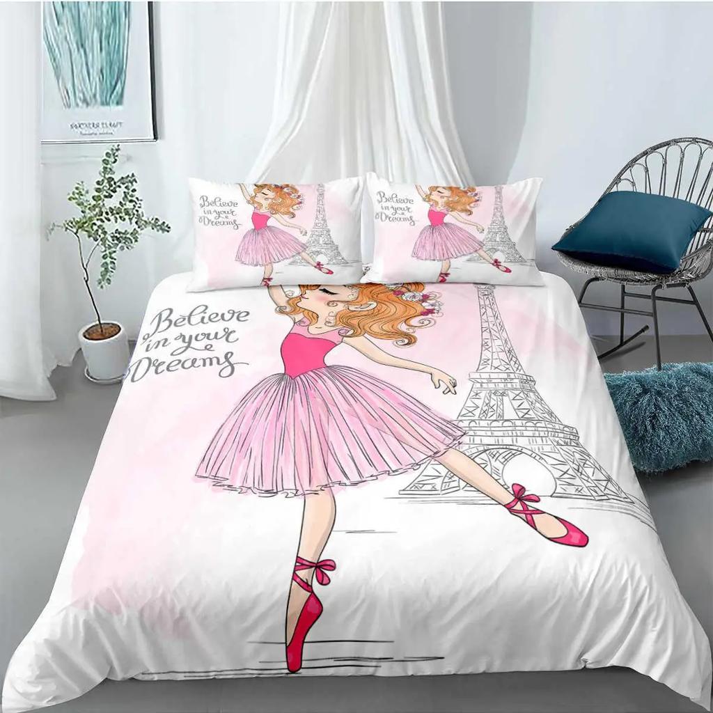 Ballet Girl Duvet Cover Set King Size Pink Lovely Little Ballerinas Bedding Set Kids Girls Princess Soft Polyester Quilt Cover