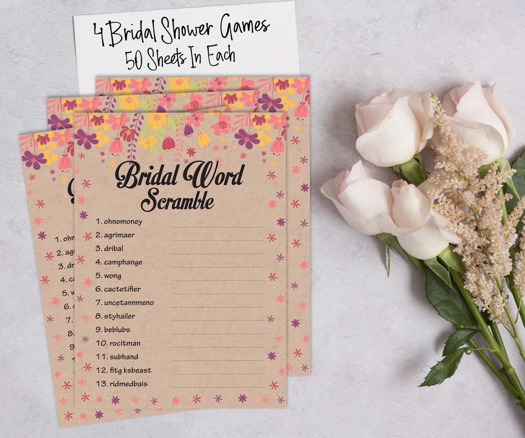 Inkdotpot Bridal Shower Games Set Of 4(50 Sheets Each) W   Miss To Mrs Gold Banner Rustic Kraft Floral Fun Bachelorette Party Games Set