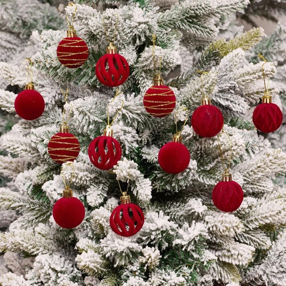 12pcs/Set 4CM Christmas Ball Ornaments Sparkling Velvet Christmas Spheres Plastic Flocking Christmas Tree Props Christmas Party