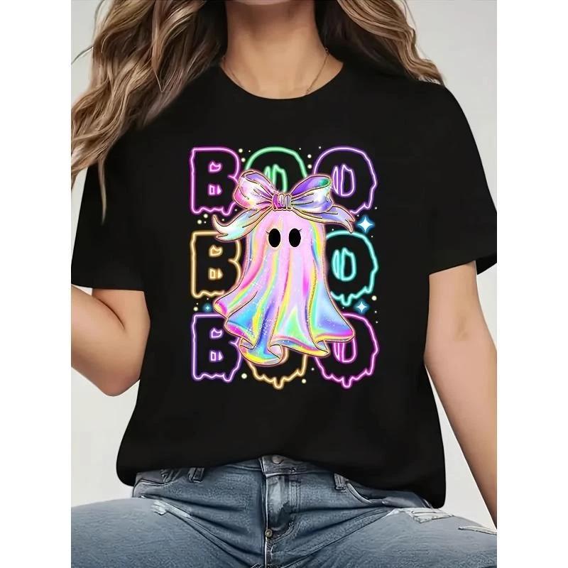 Neon Ghost Tee Plus Size Black T-Shirt with Vibrant Neon Ghost Bow Design