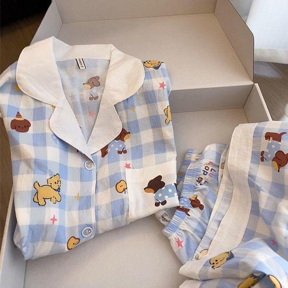 Blue plaid sausage puppy pajamas women's short-sleeved shorts can be worn outside two-piece women's casual lazy style loungewear