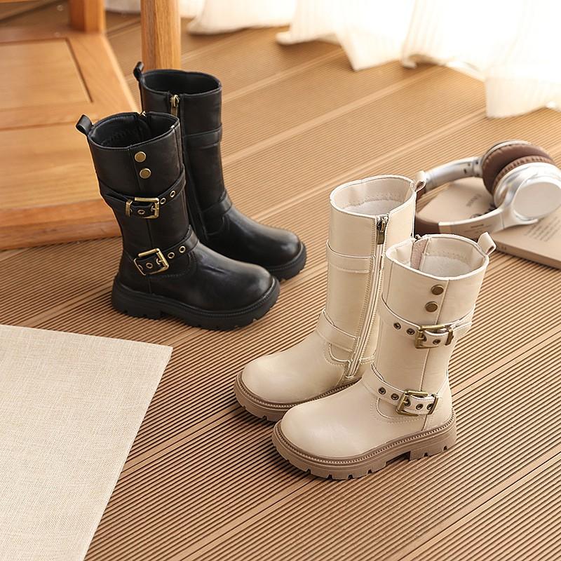 Girls Winter Chunky Sole Riding Boots With Double Buckles British Style Mid-Calf Warm Lined Faux Leather