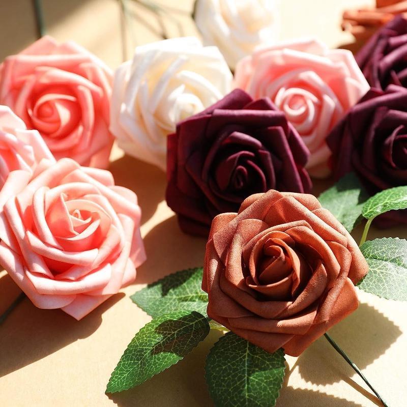 Искусственные цветы, 25/50 шт., искусственные розы, белые свадебные украшения для свадебного душа, композиции для вечеринок, украшения для столов(10 роз+5 листьев/25 роз+5 листьев)