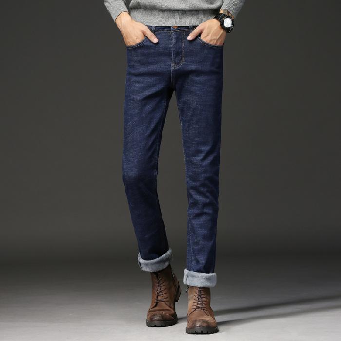 Джинсы с подкладкой, мужские зимние утолщенные теплые прямые свободные эластичные повседневные хлопковые зимние брюки с фланелевыми мужскими брюками