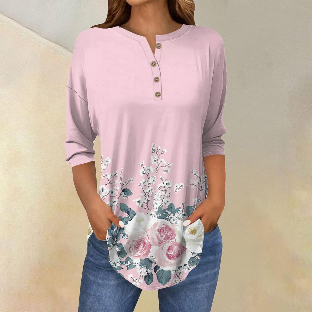 Женские топы с рукавами 3/4, летние футболки с цветочным принтом и V-образным вырезом, повседневные базовые футболки с пуговицами, туники