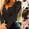 Women Top Slim Fit Button Closure Round Neck Hollow Out Lace Patchwork Long Sleeve Stretchy Solid Color Soft Pullover Lady T-shirt