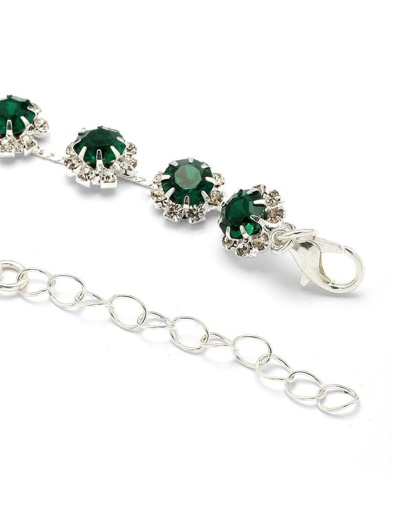 Stylish AD Stone Diamonds Studded Rhodium Plated Silver Green Drop Choker Necklace with Drop Earring Combo Jewellery Set