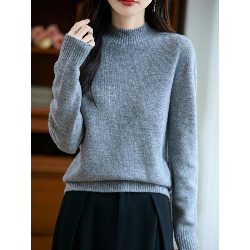 Women's 25% Pure Wool Seamless Half-High Collar Sweater - Autumn/Winter Warm Base Layer Knitwear