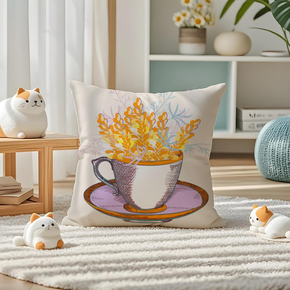 Подушка с принтом "Чашка цветов" Наволочка Шелковистая элегантная Уют Диван-кровать Невидимая молния