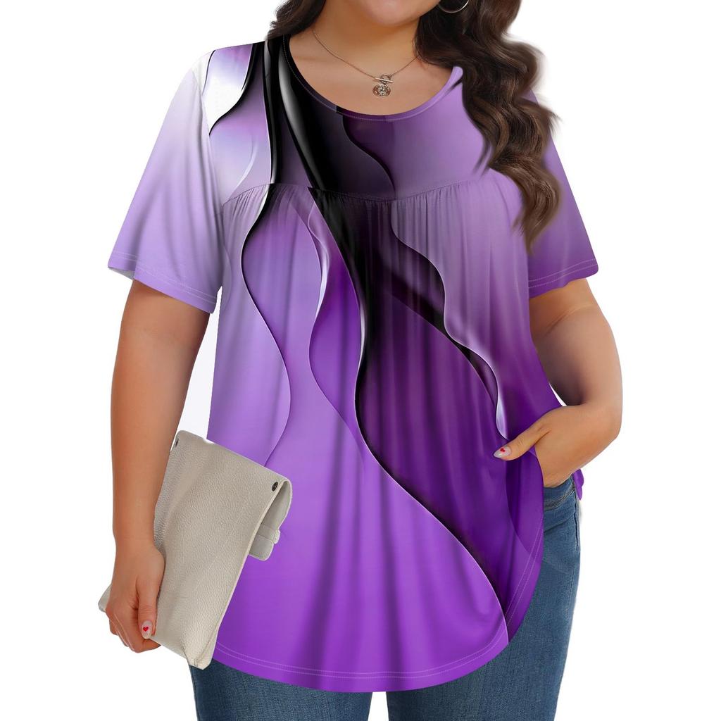 Women's Fashion Casual Print Round Neck Short Sleeve Top Womens Plus Size Tops