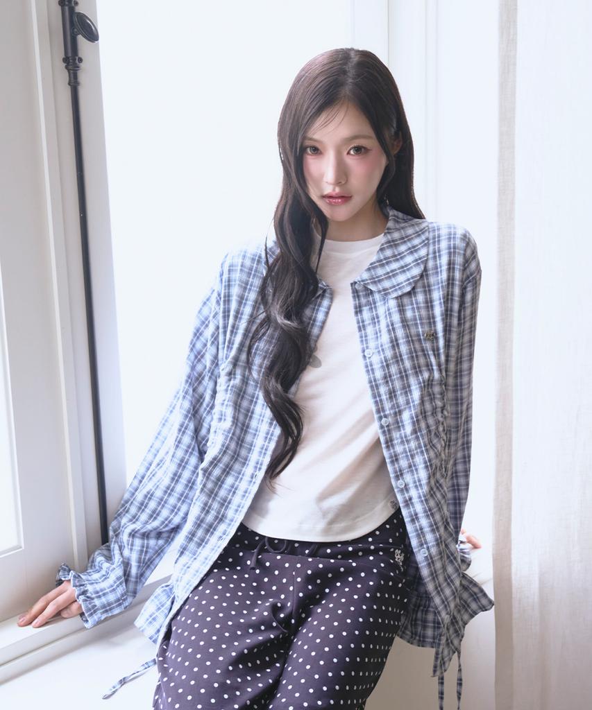 THE GREEN LAB Lovely Collar Check Frill Long Top [Blue]