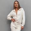 Casual European and American Women Set Solid Long Sleeve Zip-up Loose Top Lace-up Trousers Two-Piece Suit Women
