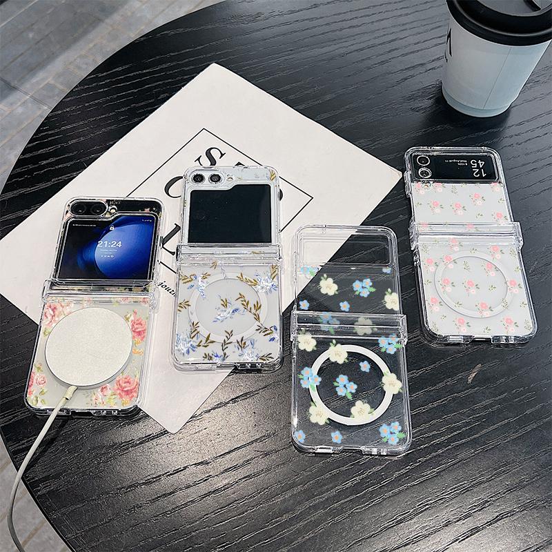 3шт складной противоударный чехол для Samsung Z Flip6 Flip5 Flip4 для Magsafe магнитный красочный цветочный узор прозрачный жесткий тонкий чехол для ПК