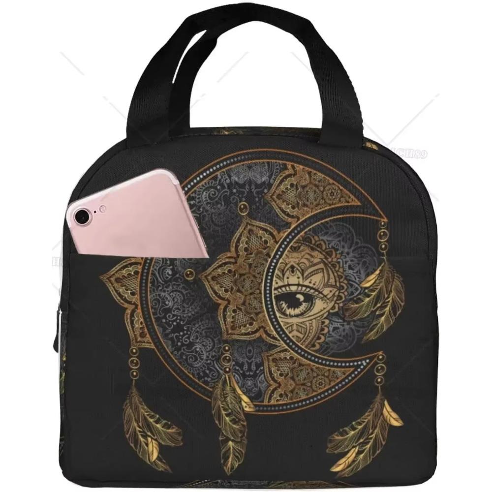 Mandala Boho Crescent Moon Sun Dreamcatcher Lunch Bag Waterproof Portable Tote Bag for Fashion Lunch Box with Zip Closure