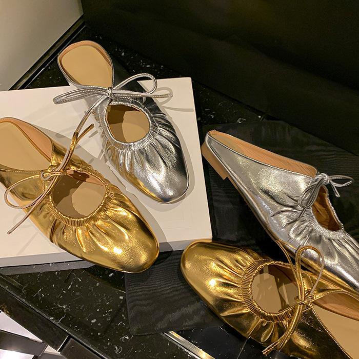 Французские плиссированные полутапочки Baotou на шнуровке, женские серебристые туфли Мэри Джейн, элегантные и просторные, нежные классические женские туфли