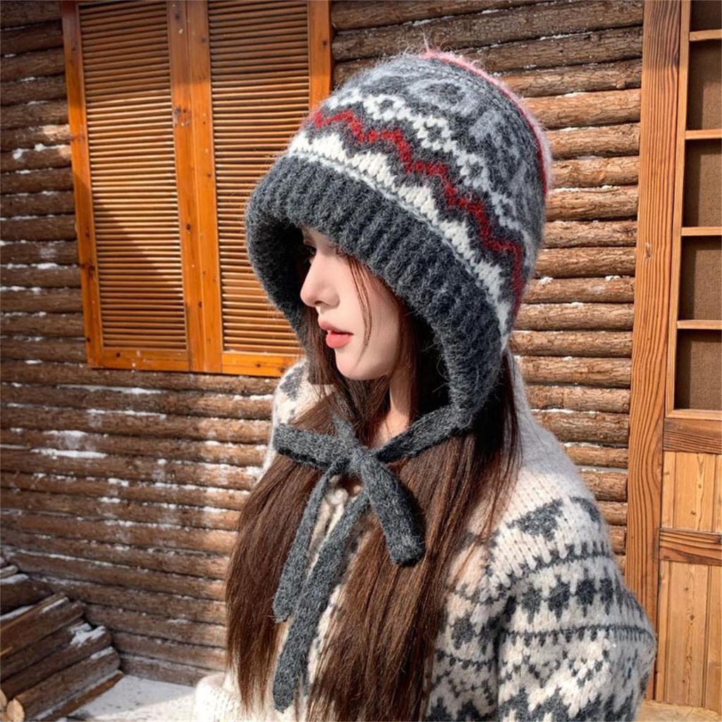 Шляпа-бини с жаккардовым узором в стиле Fair Isle, женская, осенне-зимняя, ветрозащитная, теплая, с защитой ушей, шерстяная, открывающая лицо, с маленьким ремешком, головной убор