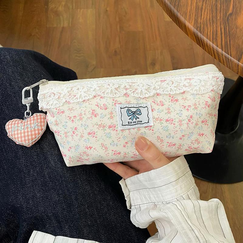 Fresh Lace Floral Design Pen Bag Large Capacity Multifunctional Stationery Bag Pencil Case Students Back To School