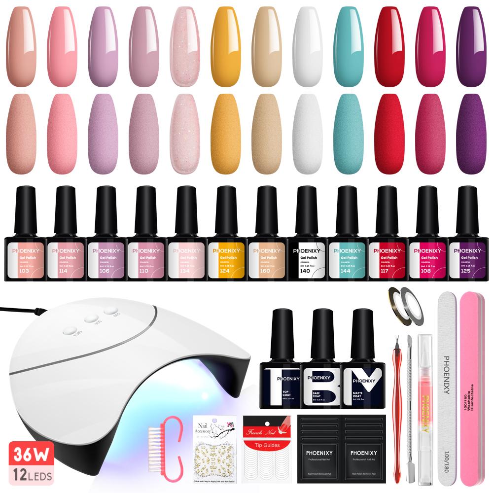 Маникюрный набор PHOENIXY Гель-лак для ногтей Лак для дизайна ногтей Матовый верхний слой с УФ-светодиодной лампой для сушки ногтей 36 Вт Инструменты для ногтей Набор сверл для ногтей Набор для украшения ногтей