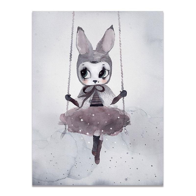 Современный скандинавский кролик для девочек, ангел, настенное искусство, мультяшная картина на холсте, спрей, цветной художественный постер, детские настенные фрески для детской комнаты