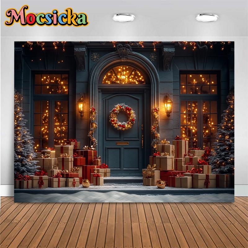Mocsicka Рождественский Фон для Двери Съемка Лампа Подарки Елка Ребенок Портрет Фото Фон Декорации Реквизит Студия