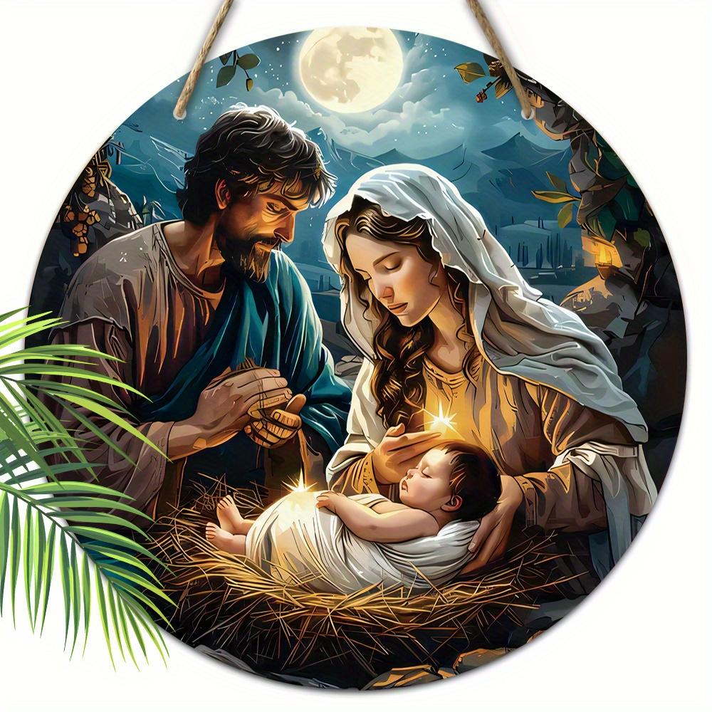 5pcs Religious Figure Born Nativity Scene Wooden Sign - Round Wall Hanging Decor for Place of Worship Door, Perfect Nazarene Gift