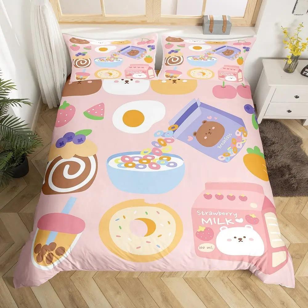 Сладкий Клубничный Молочный Покрывало на Кровать King Size Queen Size Очаровательный Медведь Постельное Белье Набор Мультяшные Фрукты Животные Наволочка для Одеяла с 2 Наволочками