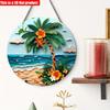 2D Flat 20*20cm1pc Tropical Beach Scenepalm Tree&colorful Flowers&waves Sign Door Signage, Blue Sky Beach Palm Tree Theme Wooden Round Wall Decor
