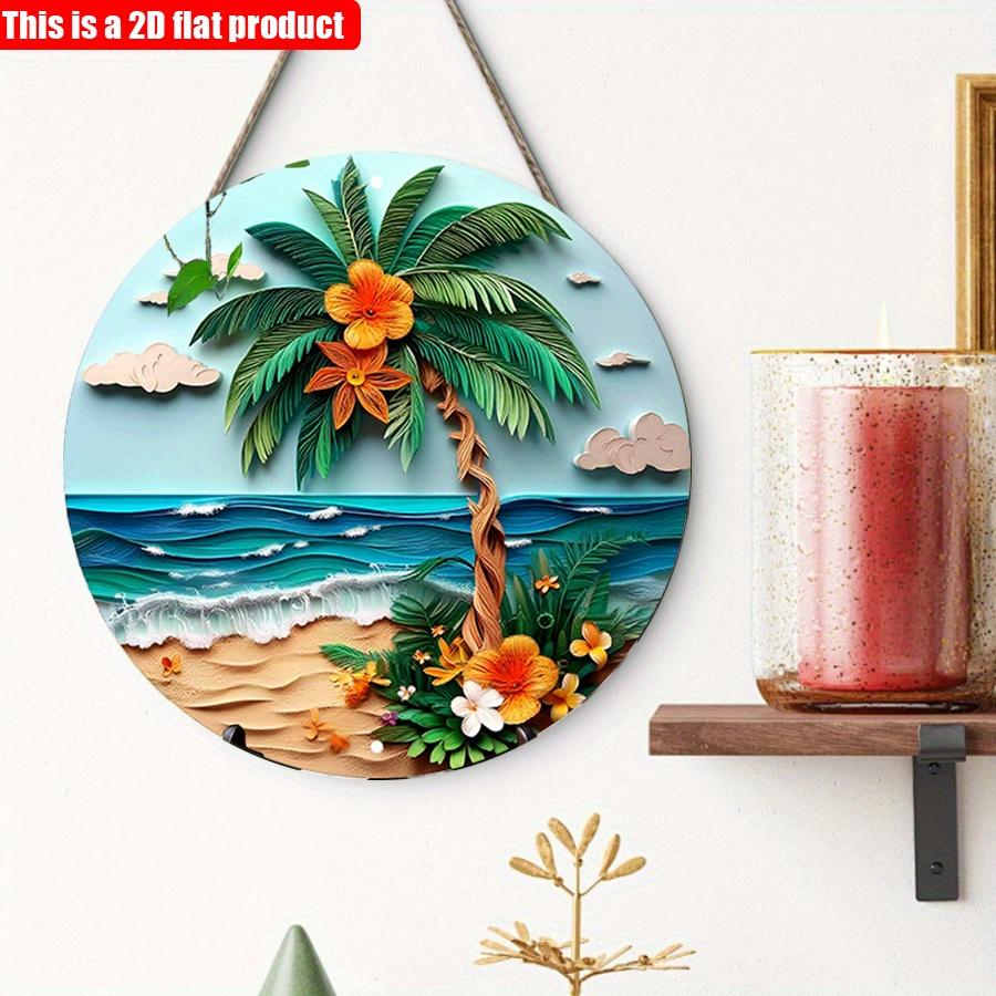 2D Flat 20*20cm1pc Tropical Beach Scenepalm Tree&colorful Flowers&waves Sign Door Signage, Blue Sky Beach Palm Tree Theme Wooden Round Wall Decor