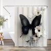 Элегантная Простая Черная Бабочка Белый Цветок Арт Ванная Комната Душевая Занавеска Водонепроницаемая Декоративная Занавеска для Душа в Ванную