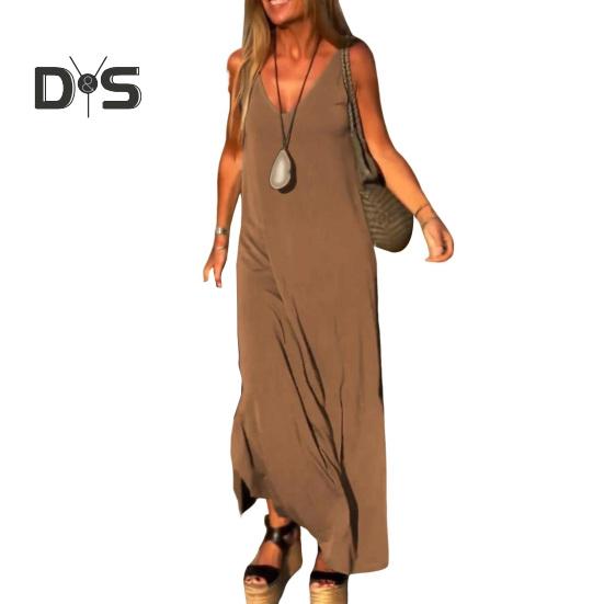Женское летнее платье-комбинация без рукавов, повседневное платье макси с V-образным вырезом и разрезом, свободный пляжный сарафан, наряд для путешествий и отпуска