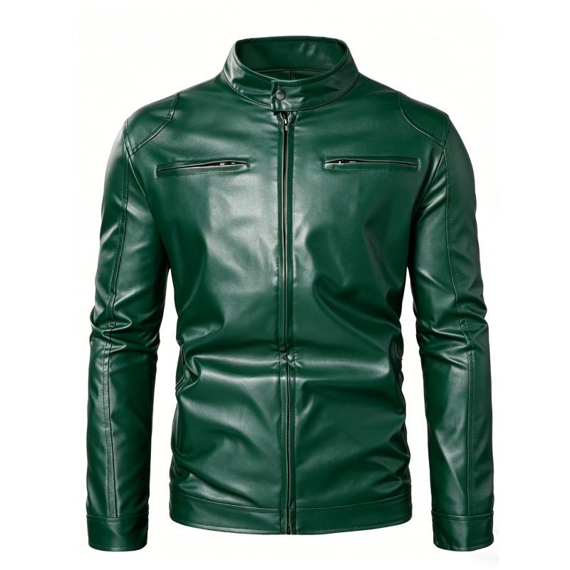 Mens PU Leather Biker Jacket Slim Fit Stand Collar Zipper Casual Streetwear 2026