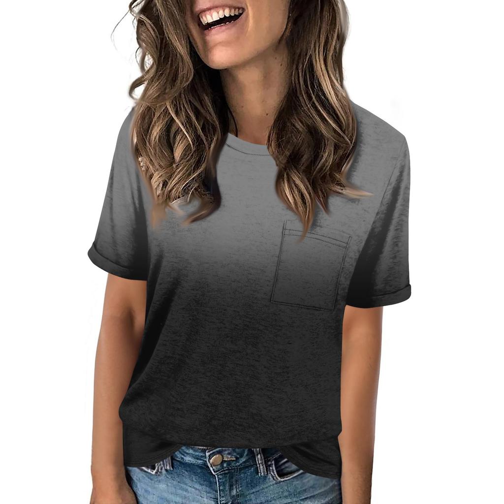 Women's Pocket Gradient Print Summer Short Sleeve Round Neck Casual Loose T-shirt Top