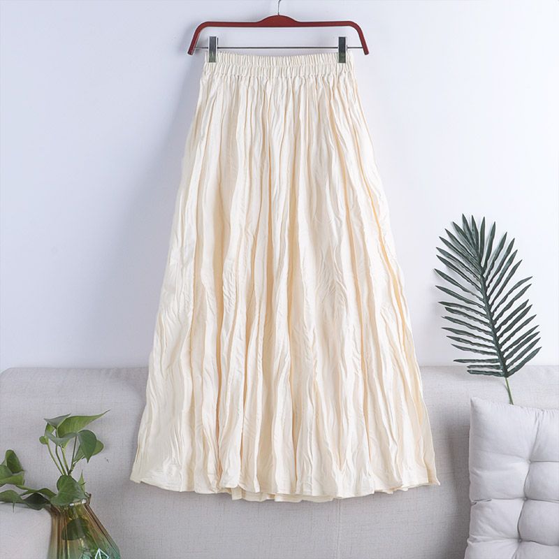 MOJTA Women's Mid-length Skirt Spring Summer Elastic High Pleated Waist Skirt A-line Skirt
