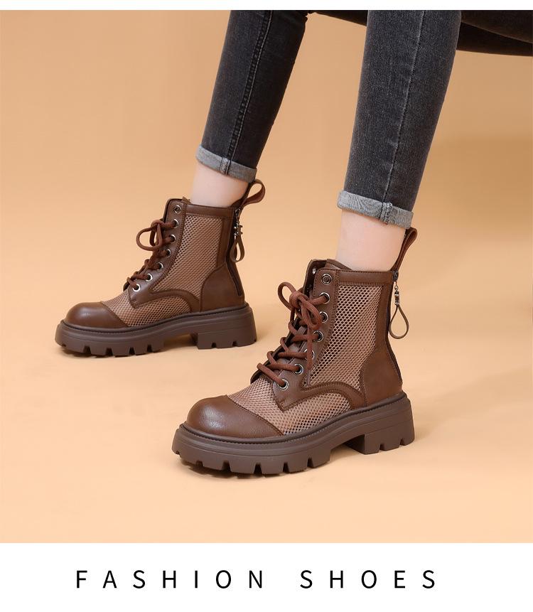 2025 Женские ботинки Мартин в британском стиле из сетки и кожи - Дышащие, на толстой подошве, перфорированные, короткие ботинки для лета