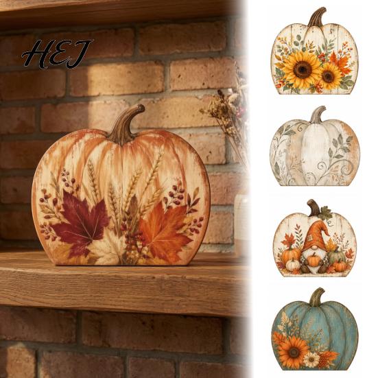 Holiday Window Sill Decor Thanksgiving Fall Pumpkin Table Decoration, Rustic Block Wooden Sign, Autumn Vintage Farmhouse Tabletop Centerpiece