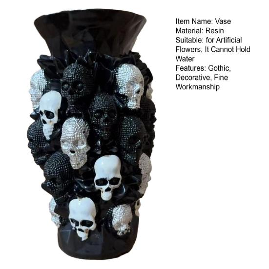 Gothic Skull Flower Vase Ornament Spooky Black White Skull Dried Artificial Flower Holder Resin Container Home Office Table Centerpiece Decoration