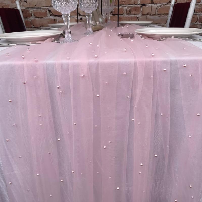Wedding Pearl Chiffon Decorative Tablecloth Solid Color Mesh Dessert Tablecloth Lace Bridal For Wedding Birthday Party Supplies