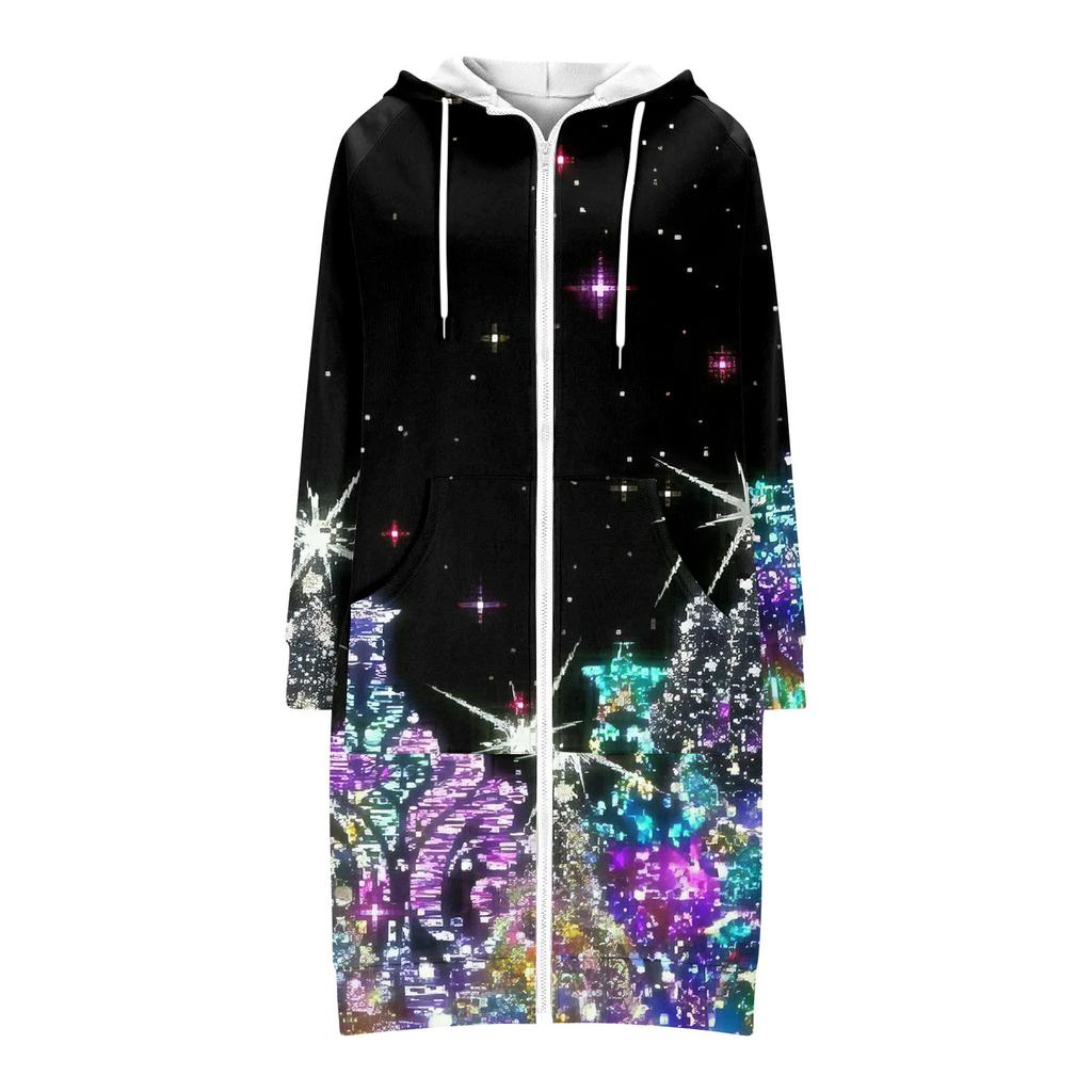 Women's Fashionable Christmas Printed Long Sleeved Drawstring Hooded Zipper Pocket Long Casual Sweatshirt Jacket
