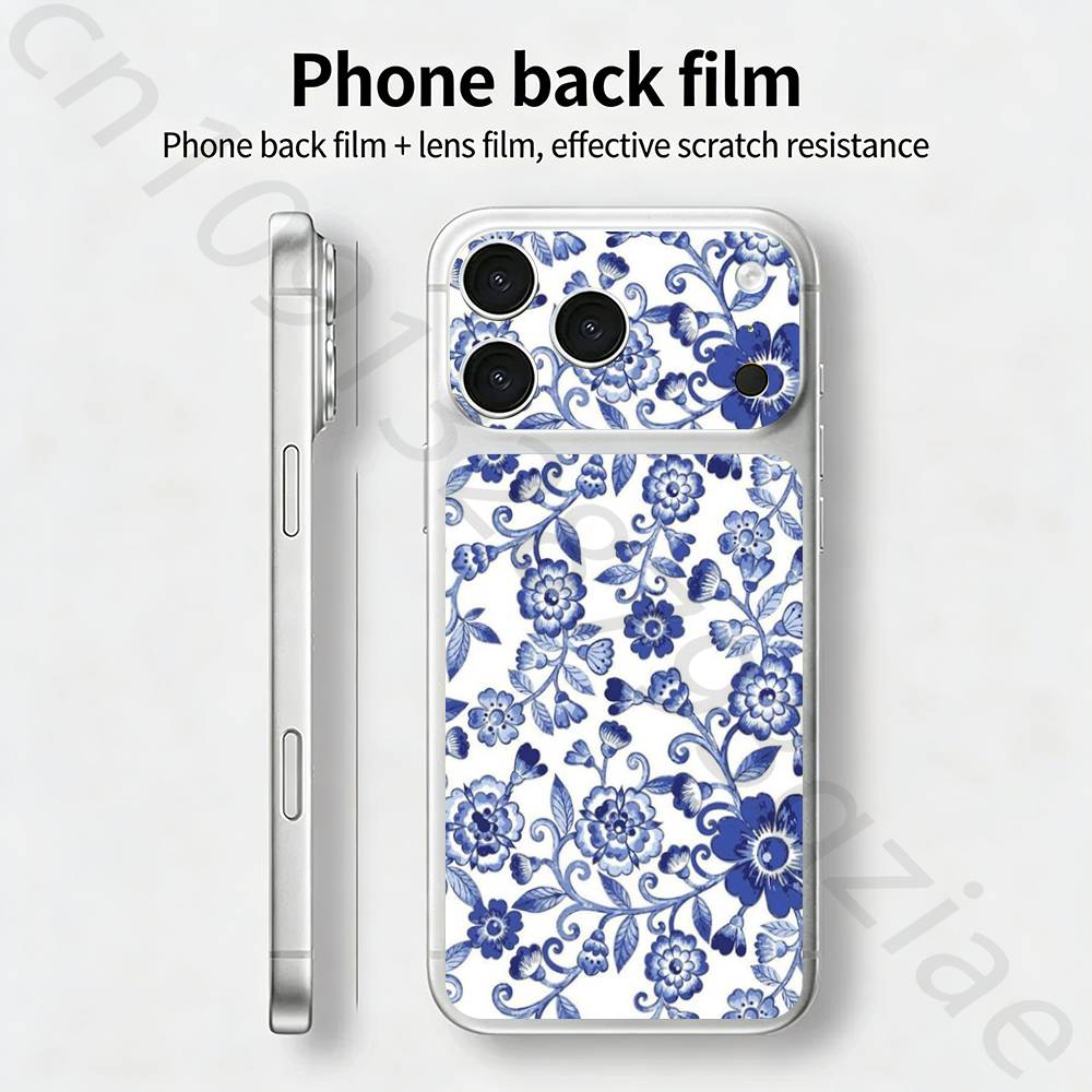Сине-белый фарфор Для iPhone 17 pro Max /17 pro Полное покрытие Наклейка Кожаная обертка 3D Цветная Задняя защитная пленка-стикер