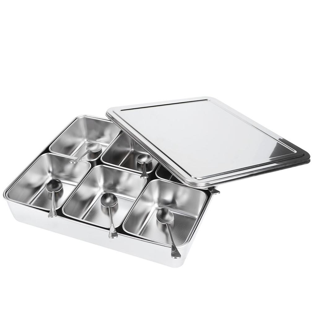 6‑Grid Stainless Steel Seasoning Box Jar Storage Container Set with Spoons Kitchen Utensils