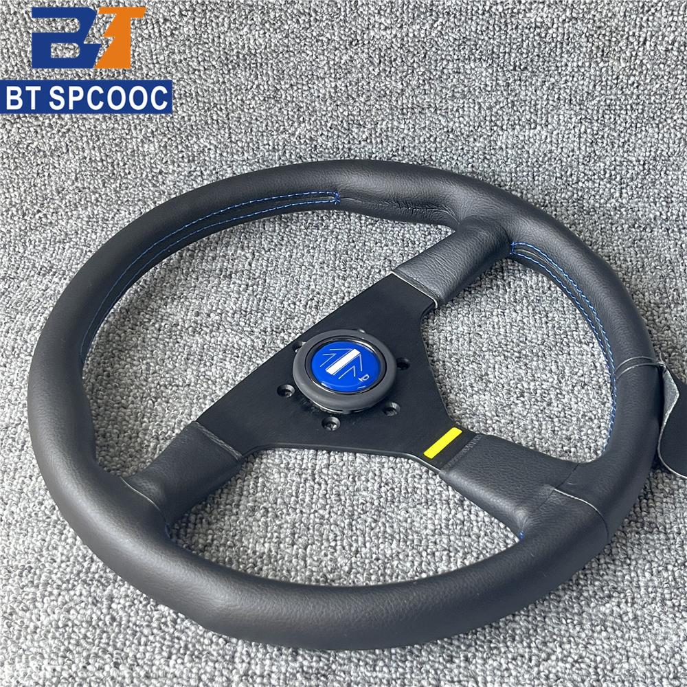 Blue Yellow Stitching Italy Style V1 Steering Wheel Real Leather 14inch 350mm Flat Italy Back Engraving Racing Street Sport