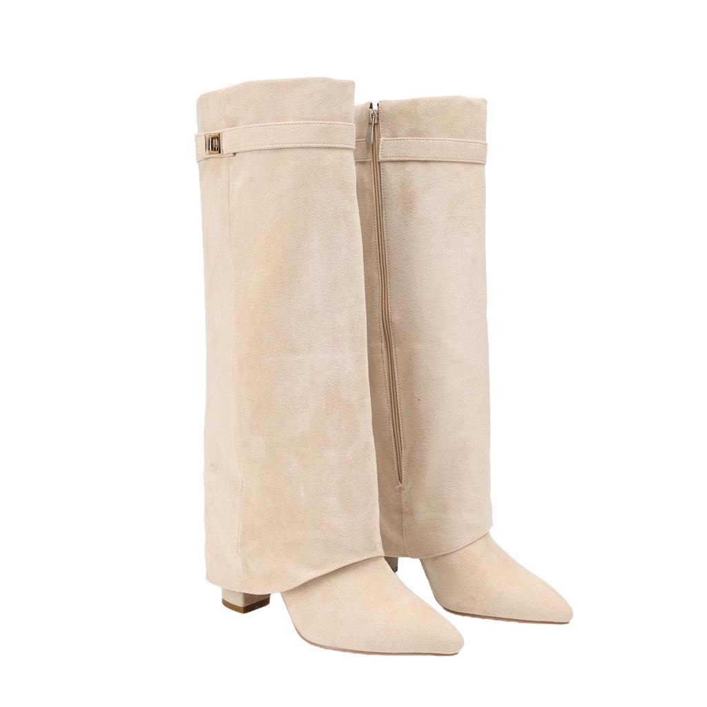 New Pointed Straight Leg Boots Women Knee Length Folding Boots with Metal Buckles Fashionable Mid Leg Boots In Multiple Colors