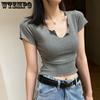 Chic T Shirt Women Korea Style Crop Top Button Tees Slim Fit Lady Short Sleeve T-Shirt Street Wear Harajuku Shirt