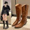 Vintage Leather Boots Women Belt Buckle Pointed Platform Western Cowboy Boots Autumn Winter Deep Vmouth High Tube Casual Boots