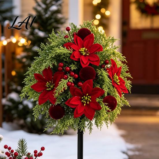 Outdoor Patio Christmas Accents Artificial Poinsettia Flower Yard Stake Red Floral Ground Spike Decor Potted Pine for Weather‑Resistant Fake Plant