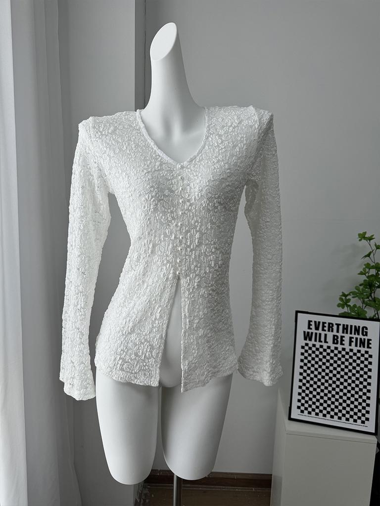 2026 New Lace Hollow Out Top for Women Pearl Button Slit Slim Flare Sleeve Long Sleeve T-Shirt