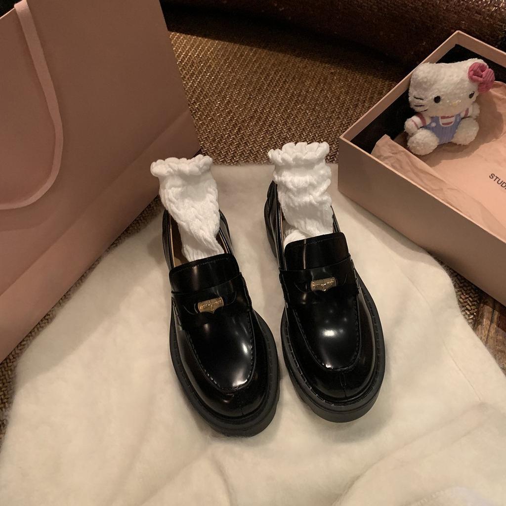Cowhide version~ 5cm height-increasing thick-soled small gold coin loafers, female British small black small leather shoes, thick heel single shoes