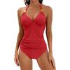 Women's Pure Color Halter Split Strap Belly Contracting Two Piece Swimsuit V-neck Swimsuit with Shorts